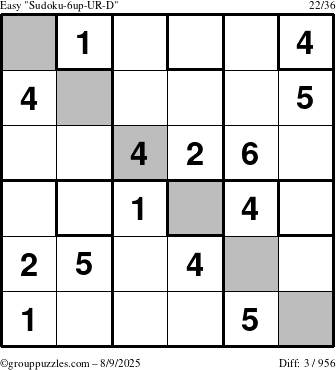 The grouppuzzles.com Easy Sudoku-6up-UR-D puzzle for Saturday August 9, 2025