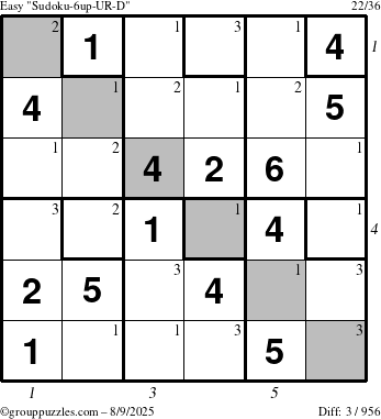 The grouppuzzles.com Easy Sudoku-6up-UR-D puzzle for Saturday August 9, 2025 with all 3 steps marked