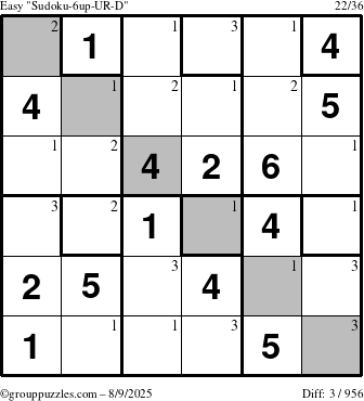The grouppuzzles.com Easy Sudoku-6up-UR-D puzzle for Saturday August 9, 2025 with the first 3 steps marked