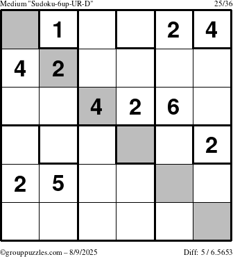 The grouppuzzles.com Medium Sudoku-6up-UR-D puzzle for Saturday August 9, 2025