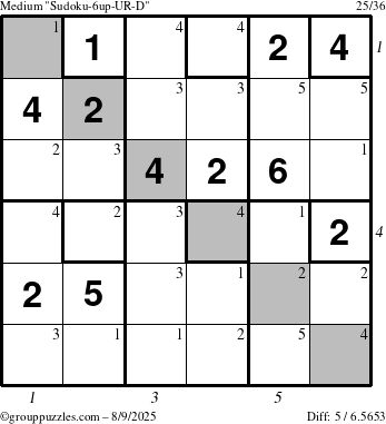 The grouppuzzles.com Medium Sudoku-6up-UR-D puzzle for Saturday August 9, 2025 with all 5 steps marked