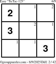 The grouppuzzles.com Easy TicTac-123 puzzle for Saturday August 9, 2025 with the first 2 steps marked