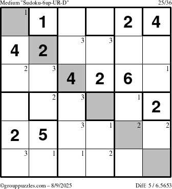 The grouppuzzles.com Medium Sudoku-6up-UR-D puzzle for Saturday August 9, 2025 with the first 3 steps marked