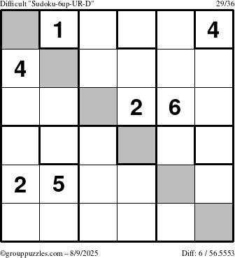 The grouppuzzles.com Difficult Sudoku-6up-UR-D puzzle for Saturday August 9, 2025
