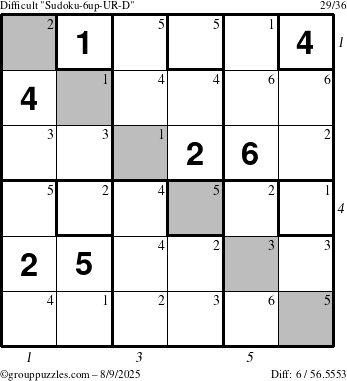 The grouppuzzles.com Difficult Sudoku-6up-UR-D puzzle for Saturday August 9, 2025, suitable for printing, with all 6 steps marked
