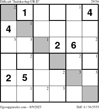 The grouppuzzles.com Difficult Sudoku-6up-UR-D puzzle for Saturday August 9, 2025 with the first 3 steps marked