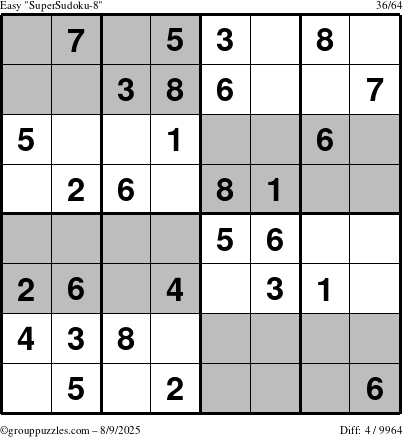The grouppuzzles.com Easy SuperSudoku-8 puzzle for Saturday August 9, 2025
