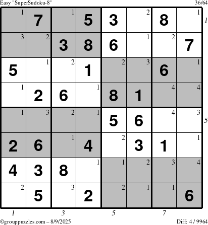 The grouppuzzles.com Easy SuperSudoku-8 puzzle for Saturday August 9, 2025 with all 4 steps marked