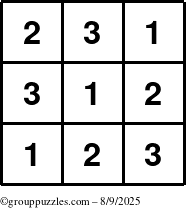 The grouppuzzles.com Answer grid for the TicTac-123 puzzle for Saturday August 9, 2025