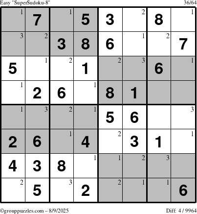 The grouppuzzles.com Easy SuperSudoku-8 puzzle for Saturday August 9, 2025 with the first 3 steps marked