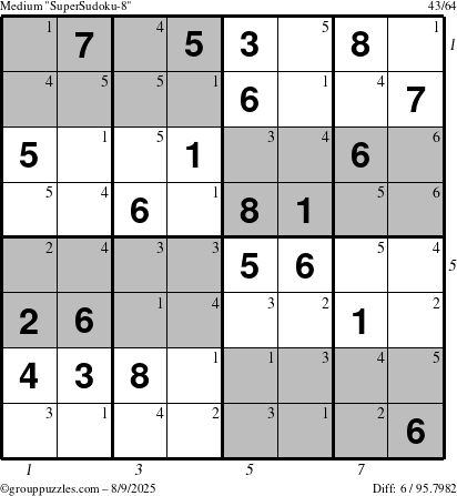 The grouppuzzles.com Medium SuperSudoku-8 puzzle for Saturday August 9, 2025 with all 6 steps marked