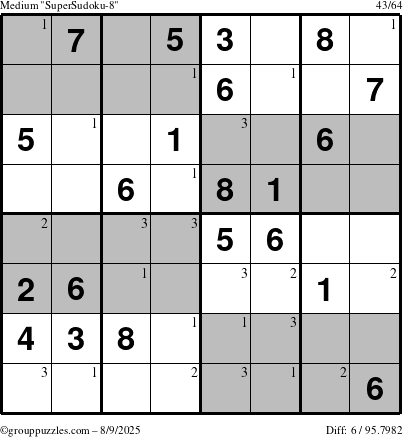 The grouppuzzles.com Medium SuperSudoku-8 puzzle for Saturday August 9, 2025 with the first 3 steps marked