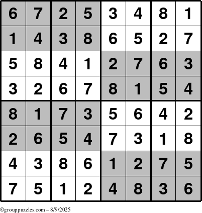 The grouppuzzles.com Answer grid for the SuperSudoku-8 puzzle for Saturday August 9, 2025