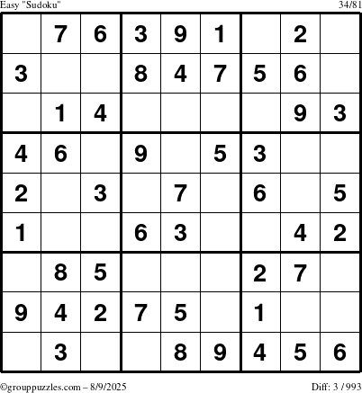 The grouppuzzles.com Easy Sudoku puzzle for Saturday August 9, 2025