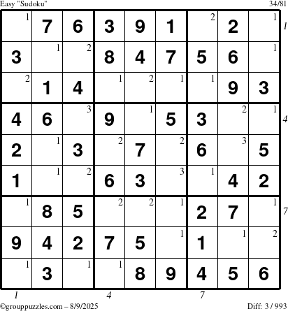 The grouppuzzles.com Easy Sudoku puzzle for Saturday August 9, 2025 with all 3 steps marked