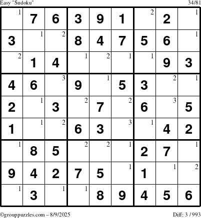 The grouppuzzles.com Easy Sudoku puzzle for Saturday August 9, 2025 with the first 3 steps marked