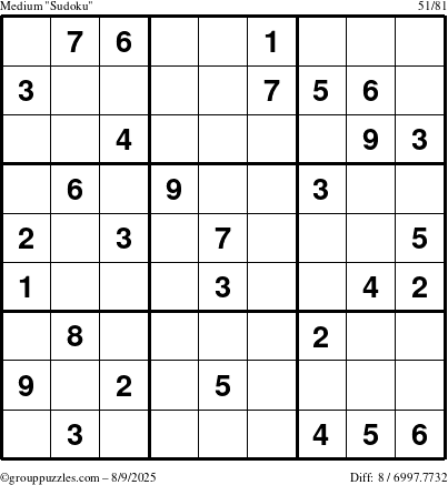 The grouppuzzles.com Medium Sudoku puzzle for Saturday August 9, 2025