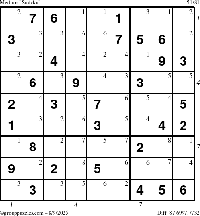 The grouppuzzles.com Medium Sudoku puzzle for Saturday August 9, 2025 with all 8 steps marked