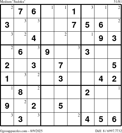 The grouppuzzles.com Medium Sudoku puzzle for Saturday August 9, 2025 with the first 3 steps marked
