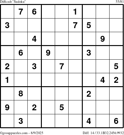 The grouppuzzles.com Difficult Sudoku puzzle for Saturday August 9, 2025