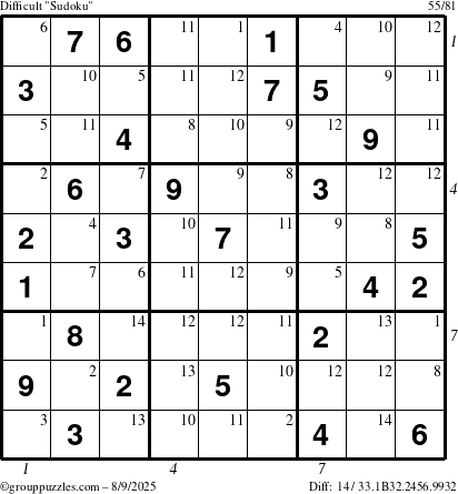 The grouppuzzles.com Difficult Sudoku puzzle for Saturday August 9, 2025 with all 14 steps marked