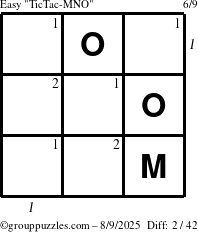 The grouppuzzles.com Easy TicTac-MNO puzzle for Saturday August 9, 2025 with all 2 steps marked