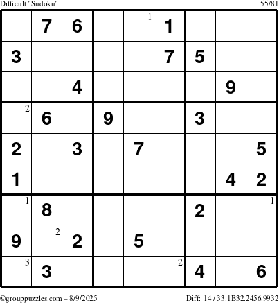 The grouppuzzles.com Difficult Sudoku puzzle for Saturday August 9, 2025 with the first 3 steps marked