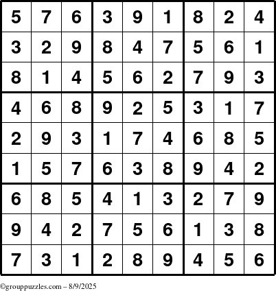 The grouppuzzles.com Answer grid for the Sudoku puzzle for Saturday August 9, 2025
