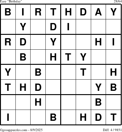 The grouppuzzles.com Easy Birthday puzzle for Saturday August 9, 2025