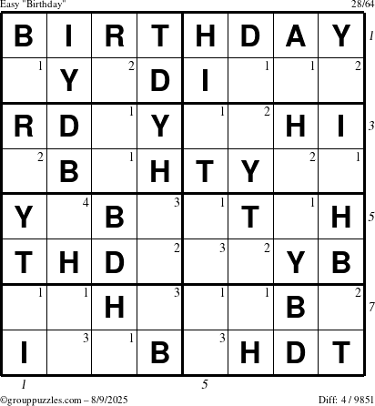The grouppuzzles.com Easy Birthday puzzle for Saturday August 9, 2025 with all 4 steps marked