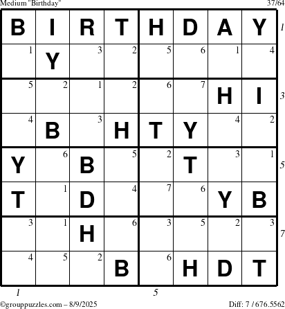 The grouppuzzles.com Medium Birthday puzzle for Saturday August 9, 2025 with all 7 steps marked