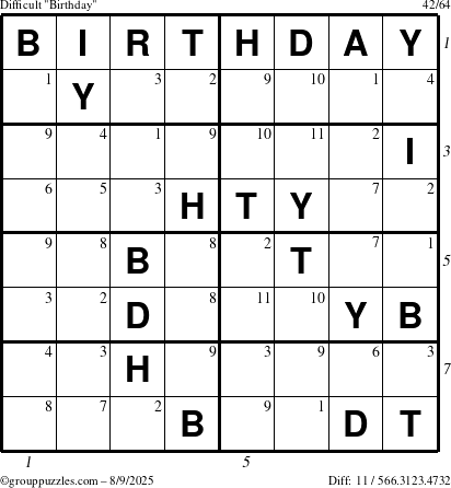 The grouppuzzles.com Difficult Birthday puzzle for Saturday August 9, 2025 with all 11 steps marked