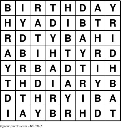 The grouppuzzles.com Answer grid for the Birthday puzzle for Saturday August 9, 2025