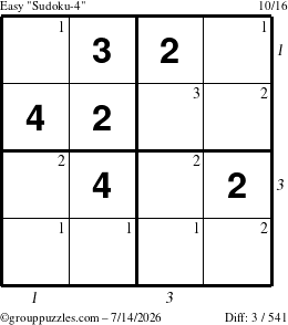 The grouppuzzles.com Easy Sudoku-4 puzzle for Tuesday July 14, 2026, suitable for printing, with all 3 steps marked