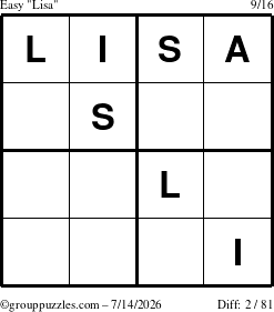The grouppuzzles.com Easy Lisa puzzle for Tuesday July 14, 2026