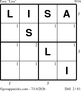 The grouppuzzles.com Easy Lisa puzzle for Tuesday July 14, 2026 with all 2 steps marked
