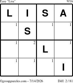 The grouppuzzles.com Easy Lisa puzzle for Tuesday July 14, 2026 with the first 2 steps marked