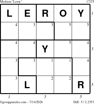 The grouppuzzles.com Medium Leroy puzzle for Tuesday July 14, 2026, suitable for printing, with all 5 steps marked
