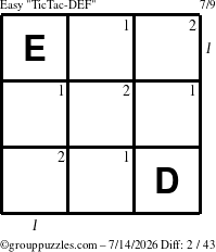 The grouppuzzles.com Easy TicTac-DEF puzzle for Tuesday July 14, 2026, suitable for printing, with all 2 steps marked