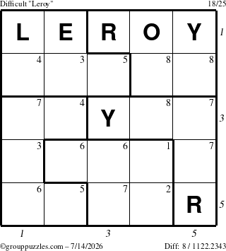 The grouppuzzles.com Difficult Leroy puzzle for Tuesday July 14, 2026 with all 8 steps marked