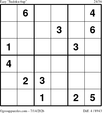 The grouppuzzles.com Easy Sudoku-6up puzzle for Tuesday July 14, 2026