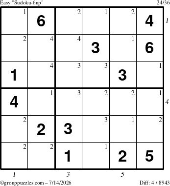 The grouppuzzles.com Easy Sudoku-6up puzzle for Tuesday July 14, 2026, suitable for printing, with all 4 steps marked