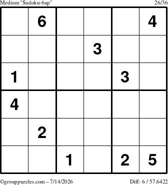 The grouppuzzles.com Medium Sudoku-6up puzzle for Tuesday July 14, 2026