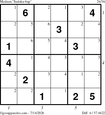 The grouppuzzles.com Medium Sudoku-6up puzzle for Tuesday July 14, 2026 with all 6 steps marked