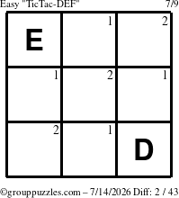 The grouppuzzles.com Easy TicTac-DEF puzzle for Tuesday July 14, 2026 with the first 2 steps marked