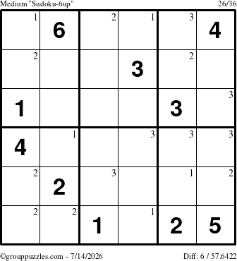 The grouppuzzles.com Medium Sudoku-6up puzzle for Tuesday July 14, 2026 with the first 3 steps marked