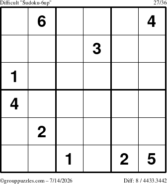The grouppuzzles.com Difficult Sudoku-6up puzzle for Tuesday July 14, 2026
