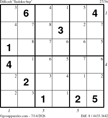 The grouppuzzles.com Difficult Sudoku-6up puzzle for Tuesday July 14, 2026 with all 8 steps marked
