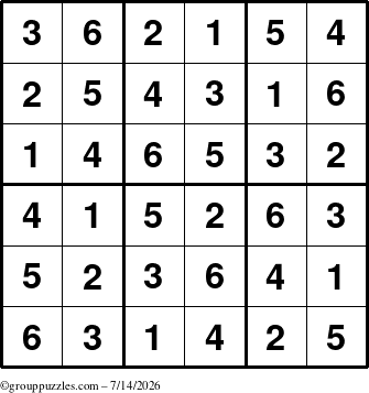 The grouppuzzles.com Answer grid for the Sudoku-6up puzzle for Tuesday July 14, 2026