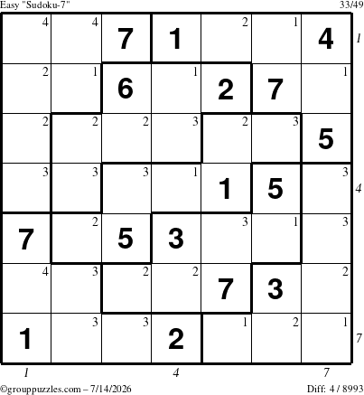 The grouppuzzles.com Easy Sudoku-7 puzzle for Tuesday July 14, 2026, suitable for printing, with all 4 steps marked